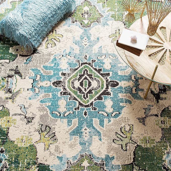 SAFAVIEH Monaco Collection Area Rug - 10' x 14', Forest Green & Light Blue, Medallion Distressed Design, Non-Shedding & Easy Care, Ideal for High Traffic Areas in Living Room, Bedroom (MNC243F)
