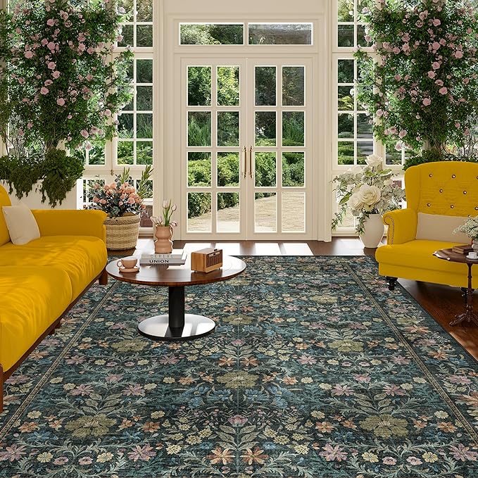 DUKINO 6x9 Rugs for Living Room, Vintage Washable Rug with Non Slip Backing, Floral Low Pile & Non-Shedding Large Area Carpets for Bedroom, Dining Room, Farmhouse, Home Office, Blue