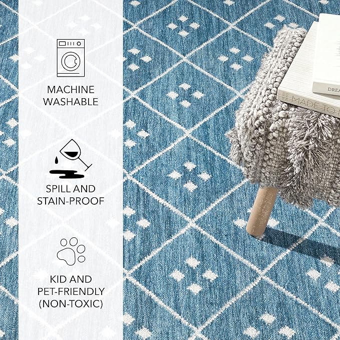 Dash and Albert Kota Machine Washable Area Rug - Runner - 2.5' x 8' Indigo - Diamond Accent Rug - Anti-Slip Backing, Lightweight, Machine Washable, High Traffic Areas Kitchen, Mudroom, Laundry Room