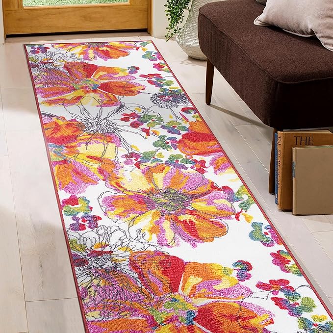 Rugshop Multi Bright Flowers Non Slip Non-Shedding Runner Rug for Hallway, Kitchen and Entryway, 2' x 10'