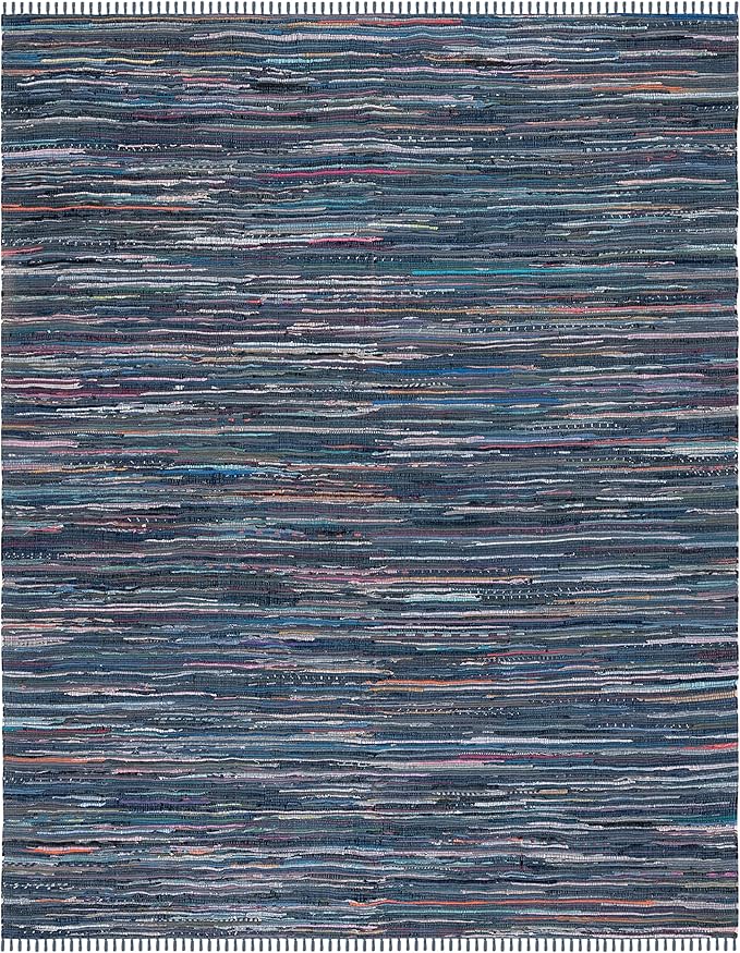 SAFAVIEH Rag Rug Collection Area Rug - 8' x 10', Ink & Multi, Handmade Boho Stripe Cotton, Ideal for High Traffic Areas in Living Room, Bedroom (RAR121C)