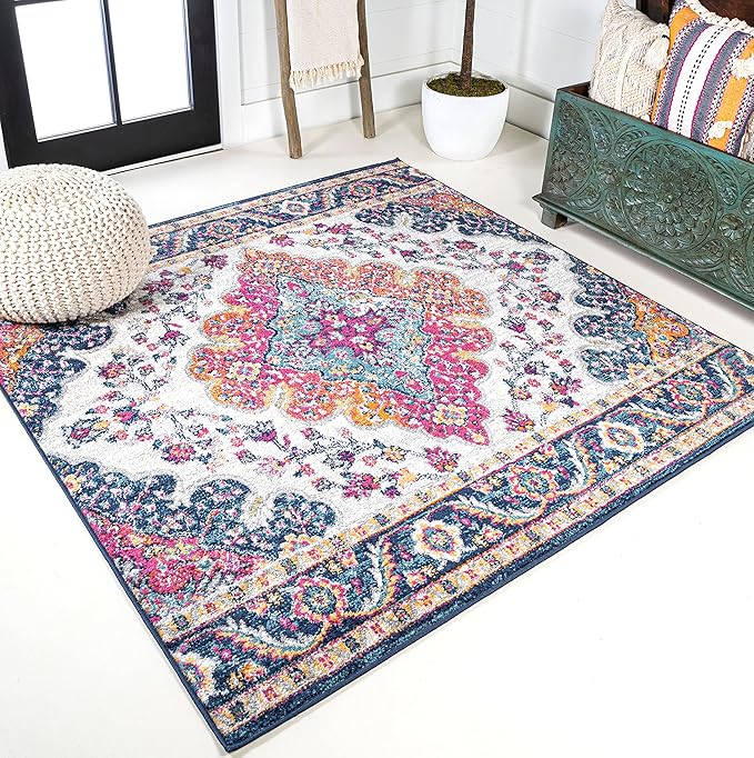 JONATHAN Y Boho Vintage Blue/Multi 5x5 Square Area Rug, Bohemian Flair Medallion, Floral Easy-Cleaning High Traffic for Living Room, Bedroom, Kitchen, Pet-Friendly, Non Shedding (BMF106A-5SQ)