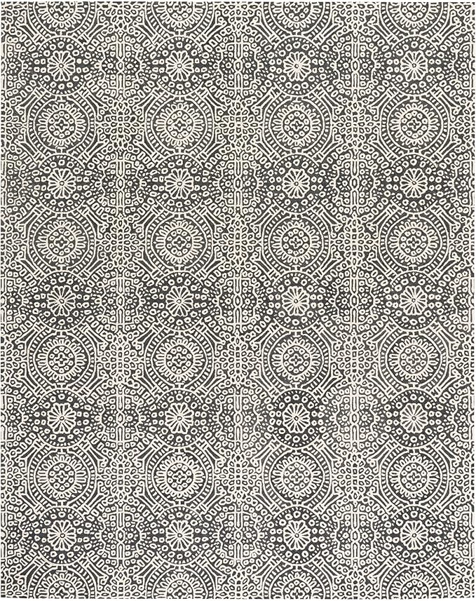 Dash & Albert Temple Charcoal Hand Micro Hooked Wool Rug, 7.5 X 9.5 Feet, Grey Geometric Pattern