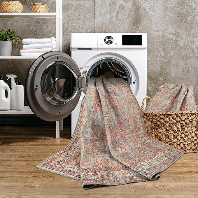 GLN Rugs Traditional Collection - Machine Washable Area Rug, Traditional Washable, Non Slip, Low Pile Chenille Rug, Living Room, Bedroom, Kitchen Rug (3' x 5' Terra/Multicolor 1153)
