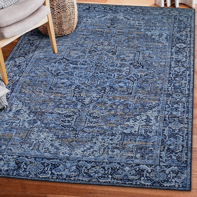 ReaLife Rugs Machine Washable Area Rug - Living Room Bedroom Bathroom Kitchen Entryway Office - Padded Low Pile Stain Resistant Premium - Boho Vintage Traditional - Lyle - Blue 4' x 6'