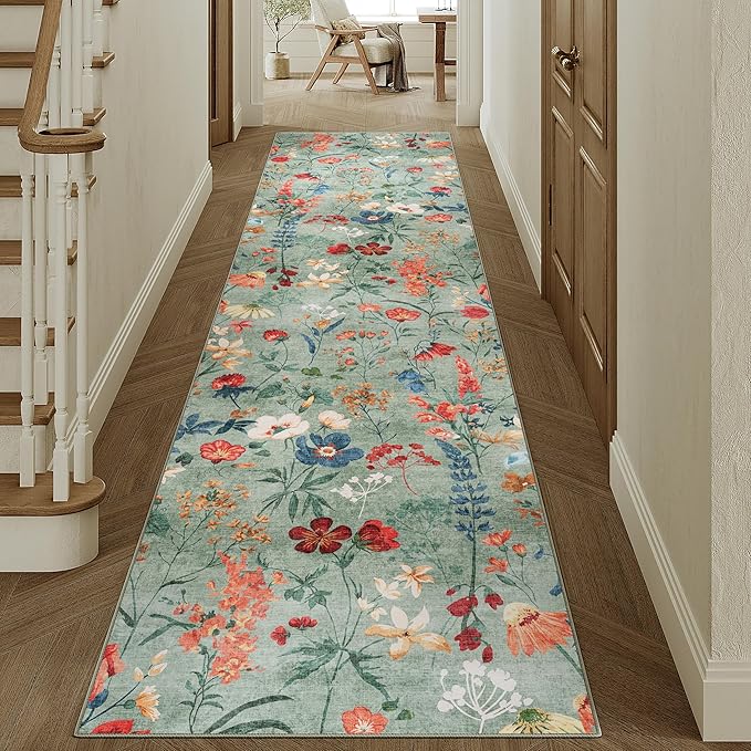 Floral Runner Rug 2x12 Washable Hallway Long Green Bedroom Carpet Non Slip Indoor Boho Kitchen Low Pile Accent Rug Lightweight Soft for Bathroom Dining Laundry Living Room