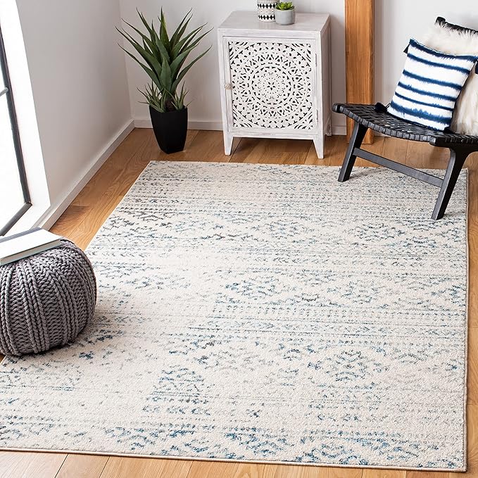 SAFAVIEH Area Rug 4x6 - Tulum Collection - Ivory & Turquoise, Moroccan Boho Tribal Design, Non-Shedding & Easy to Clean, Ideal for Living Room, Bedroom, Dining Space (TUL272E)