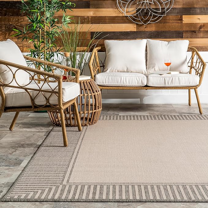 Nuloom Asha Light Grey/Ivory, 2' x 8', Casual, Striped Border, Soft and Cozy, High Traffic, Stain Resistant, Easy Clean, Durable Runner for Indoor/Outdoor Patio, Deck, Porch, Garden, Courtyard
