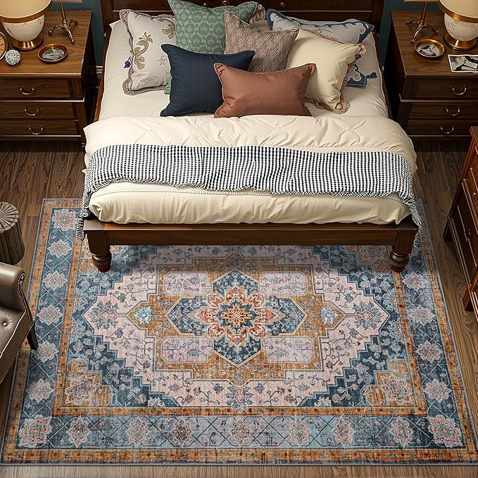 YJ.GWL Area Rugs for Living Room 5x7 Machine Washable Rugs, Non Slip Floral Vintage Rug Indoor Carpet, Stain Resistant Large Rug for Bedroom Dining Room, Brown Blue