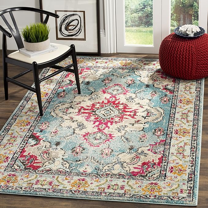 SAFAVIEH Monaco Collection Area Rug - 5'1" x 7'7", Light Blue & Fuchsia, Boho Chic Medallion Distressed Design, Non-Shedding & Easy Care, Ideal for High Traffic Areas in Living Room, Bedroom (MNC243J)