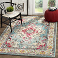 SAFAVIEH Monaco Collection Accent Rug - 4' x 5'7", Light Blue & Fuchsia, Medallion Distressed Design, Non-Shedding & Easy Care, Ideal for High Traffic Areas in Entryway, Living Room, Bedroom (MNC243J)