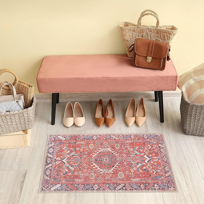 GLN Rugs Traditional Collection - Machine Washable Area Rug, Traditional Washable, Non Slip, Low Pile Chenille Rug, Living Room, Bedroom, Kitchen Rug (2' x 3' Multi Red)