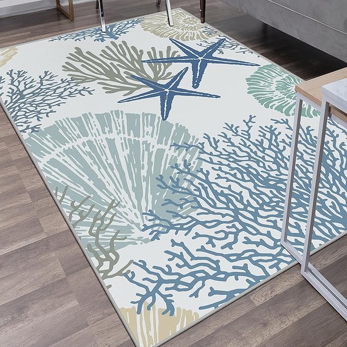 Tritard Coastal Area Rug 3x5 - Small Machine Washable Foldable Throw Rugs Non-Slip Beach Ocean Entryway Indoor Entrance Carpet for Kitchen Bathroom Laundry Bedroom Living Room, Blue