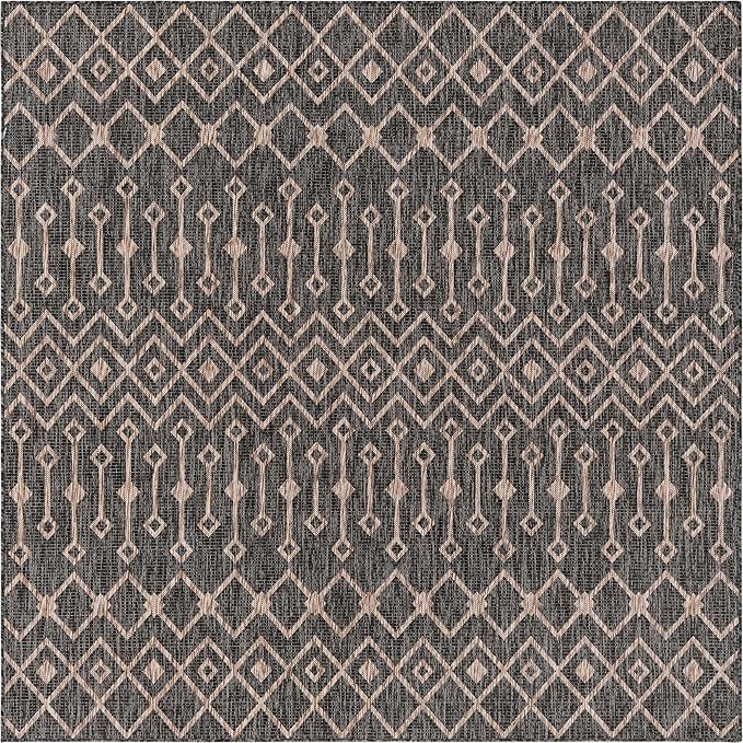 Unique Loom Outdoor Trellis Collection Area Rug - Tribal Trellis (7' 10" Square, Charcoal Gray/ Natural)