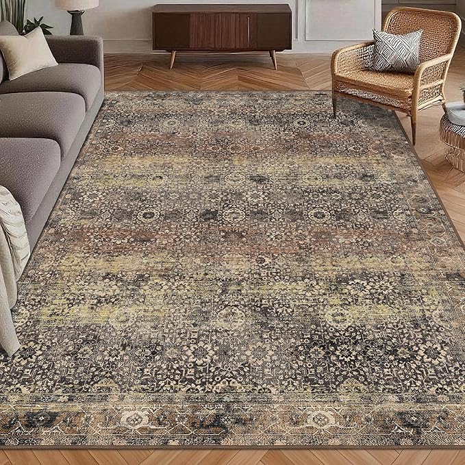 Washable Area Rug 6' x 9' Vintage Traditional Persian Mat - Foldable Distressed Non-Slip Machine Washable Carpet for Living Room Bedroom Kitchen Home Decor - Umber and Slate