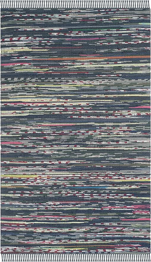 SAFAVIEH Rag Rug Collection Area Rug - 6' x 9', Ink & Multi, Handmade Boho Stripe Cotton, Ideal for High Traffic Areas in Living Room, Bedroom (RAR121C)