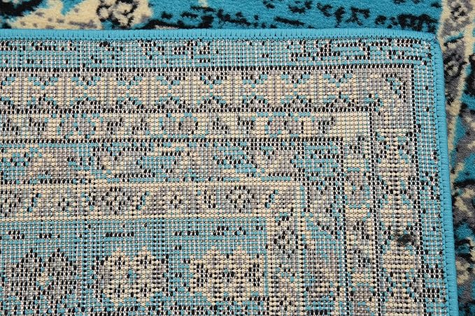 Unique Loom Taftan Collection Border Geometric Tribal Inspired Design Area Rug (3' 0 x 16' 5 Runner, Turquoise/ Gray)