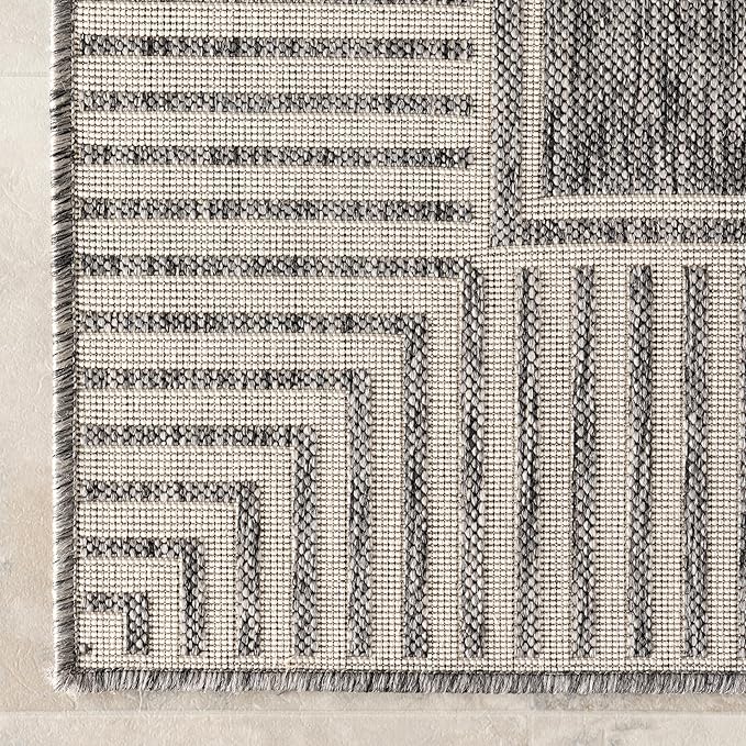 Nuloom Asha Grey/Ivory, 8' x 10', Casual, Striped Border, Soft and Cozy, High Traffic, Stain Resistant, Easy Clean, Durable Area Rug for Indoor/Outdoor Patio, Deck, Porch, Garden, Courtyard