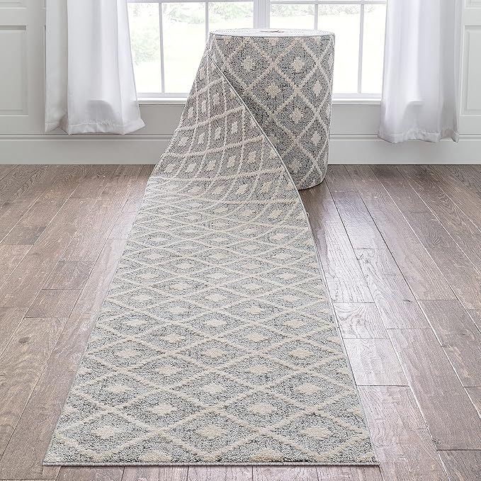 Well Woven Custom Size Hallway Stair Runner - Choose Your Length - Ainsley Grey Diamond Trellis Geometric Tribal - 27 Inches Wide x 75 Feet Long Runner (27" x 75' Runner) Rug