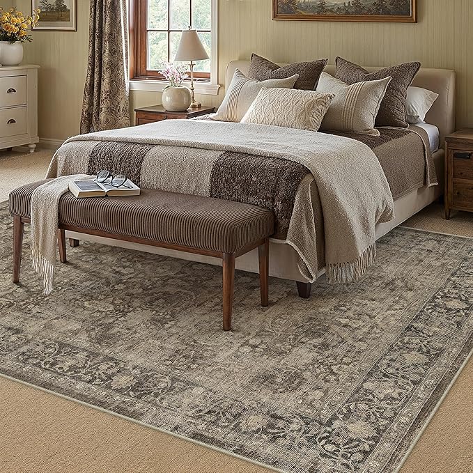 9x12 Brown Area Rug for Living Room Bedroom Neutral Vintage Soft Non Slip Rug Low Pile Distressed Large Carpet for Dining Room Nursery Office Indoor