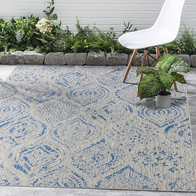 FH Home Outdoor Rug - Waterproof Easy to Clean Stain Resistant - Patio Indoor Outdoor Porch Deck Balcony Entryway - Distressed Farmhouse - Granada - Blue - 5ft 2in x 7ft 6in