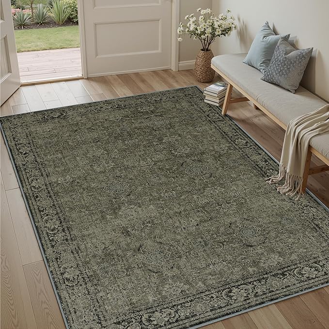 Vintage Area Rug 5x7 Washable Olive Brown Living Room Carpet Large Indoor Non Slip Bedroom Low Pile Kitchen Distressed Retro Accent Throw Rug for Dining Room