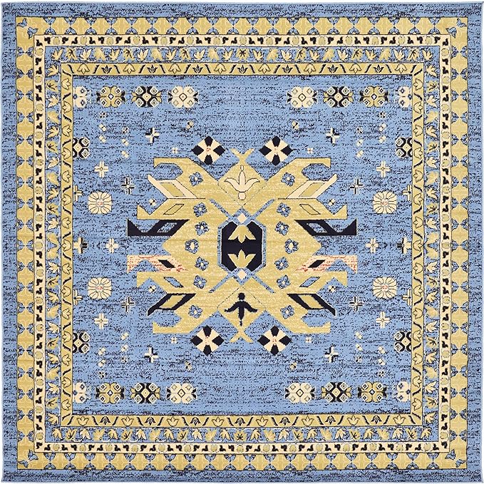 Unique Loom Taftan Collection Border Geometric Tribal Inspired Design Area Rug, 8 ft, Light Blue/Gold