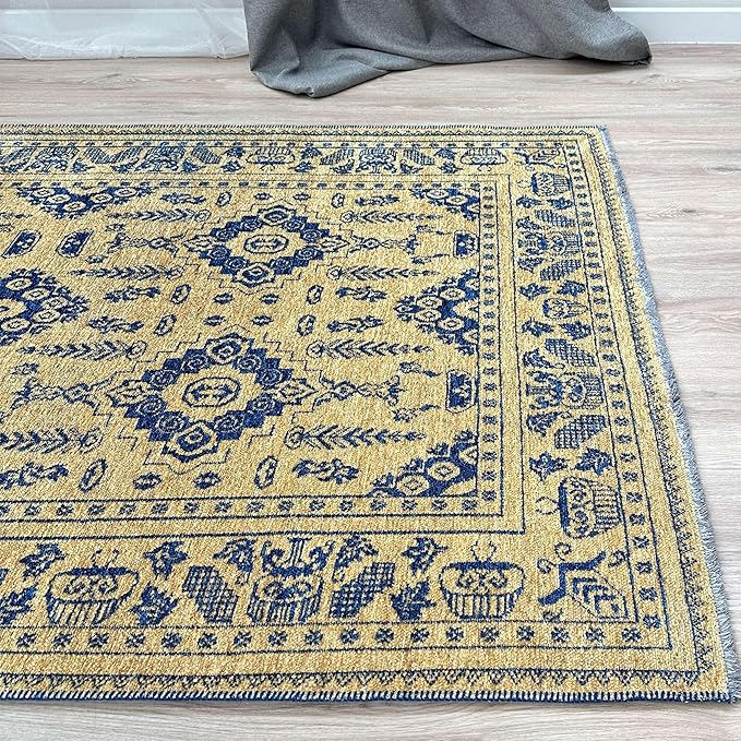 Alfa Rich 4x6 Gold Navy Blue Washable Area Rugs for Living Room Bedroom Kitchen Dining Cotton Rug