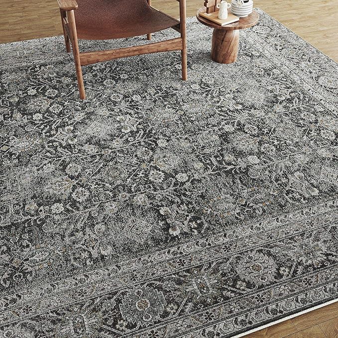 Vintage Area Rug 3x5 Black Entryway Office Washable Carpet Non Slip Bedroom Indoor Living Room Door Mat Low Pile Traditional Distressed Retro Accent Rug for Dining Room Bathroom Kitchen