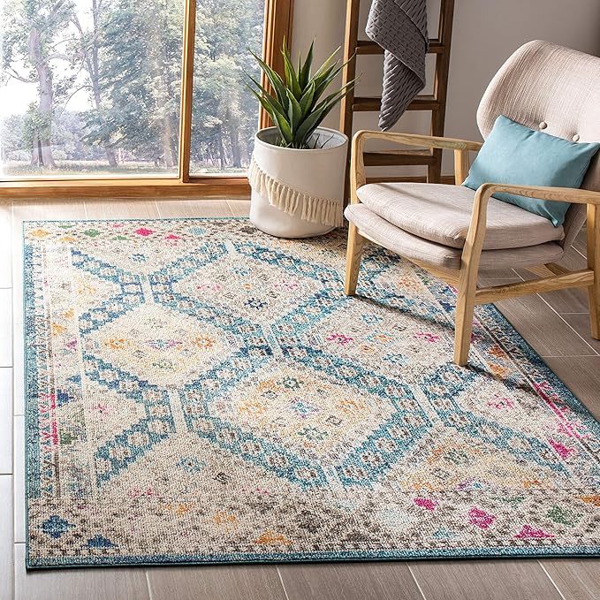 SAFAVIEH Madison Collection Area Rug - 6' x 9', Dark Blue & Yellow, Boho Diamond Distressed Design, Non-Shedding & Easy Care, Ideal for High Traffic Areas in Living Room, Bedroom (MAD418N)