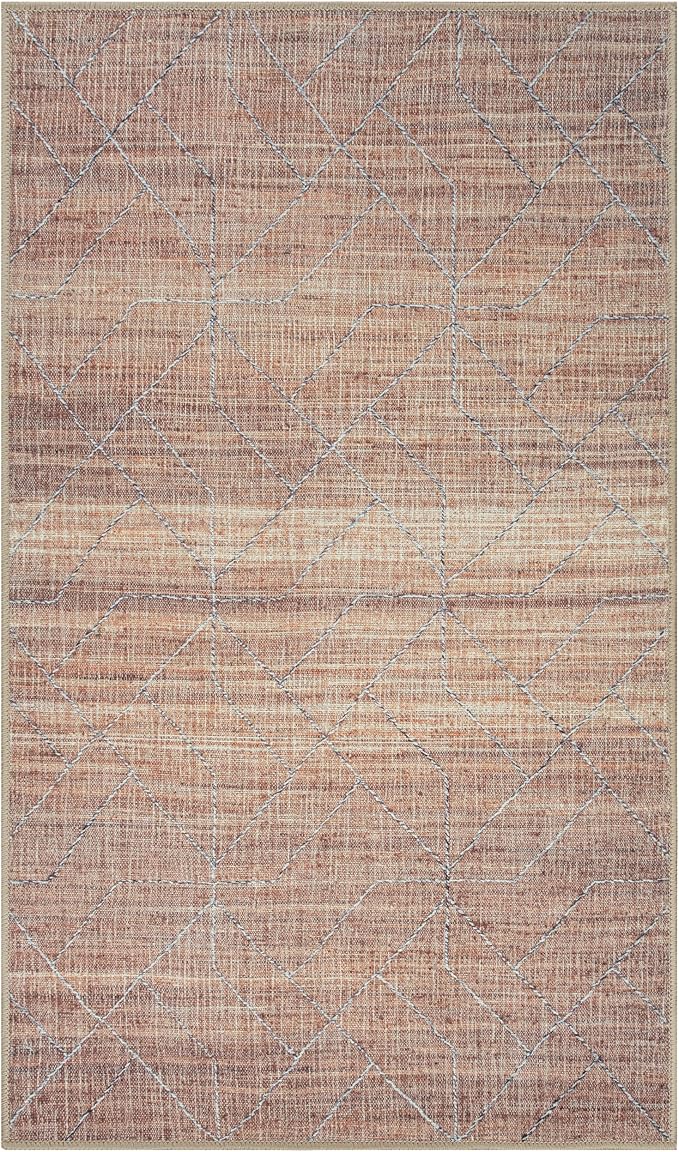 GLN Rugs Contemporary Collection - Machine Washable Area Rug, Contemporary Washable, Non Slip, Low Pile Chenille Rug, Living Room, Bedroom, Kitchen Rug (2'6" x 7' Terra/Brown)