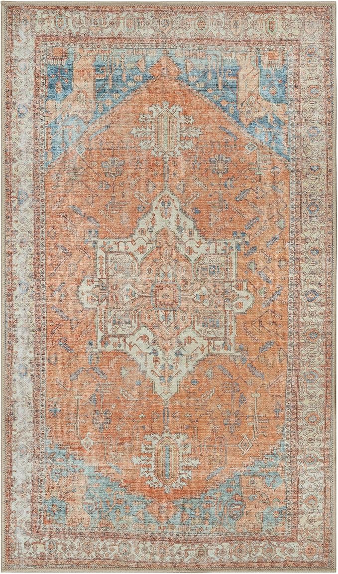 GLN Rugs Traditional Collection - Machine Washable Area Rug, Traditional Washable, Non Slip, Low Pile Chenille Rug, Living Room, Bedroom, Kitchen Rug (2'6" x 7' Terra/Multicolor)