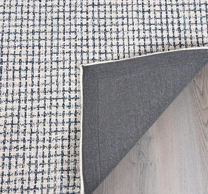 Hand-Tufted 100% Wool Pile Area Rug – Geometric Textured Grid Check Pattern – Thick and Durable Floor Carpet for Bedroom, Living Room, Kids Room, and Dining Area (Ivory Denim, 5' x 7')