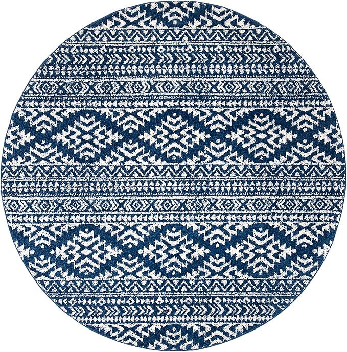 SAFAVIEH Tulum Collection Area Rug - 9' Round, Navy & Ivory, Moroccan Boho Tribal Design, Non-Shedding & Easy to Clean, Ideal for Living Room, Bedroom, Dining Space (TUL272N)
