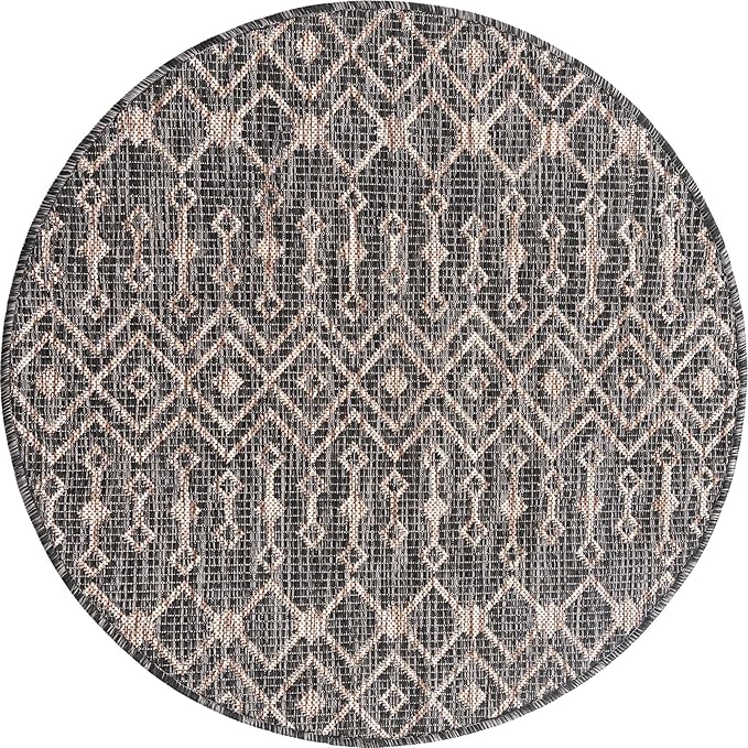 Unique Loom Outdoor Trellis Collection Area Rug - Tribal Trellis (3' 3" Round, Charcoal Gray/ Natural)