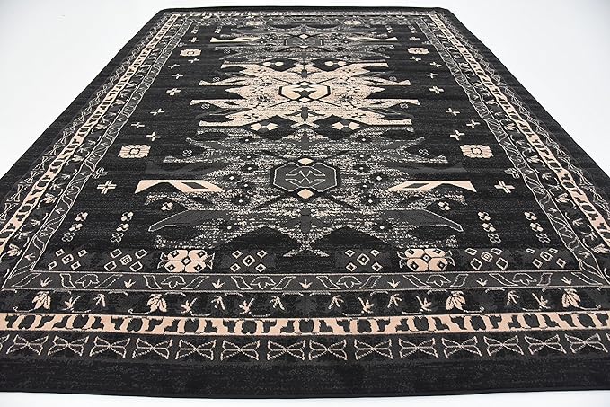 Unique Loom Taftan Collection Border Geometric Tribal Inspired Design Area Rug (9' 0 x 12' 0 Rectangular, Black/ Gray)