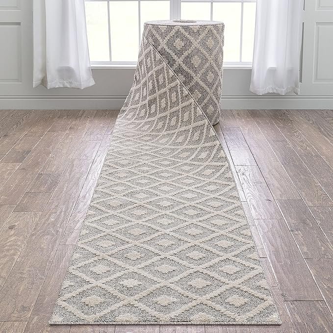 Well Woven Custom Size Runner - Choose Your Length - Ainsley Ivory Diamond Trellis Geometric Tribal - 31 Inches Wide x 8 Feet Long Runner (31" x 8' Runner) Rug