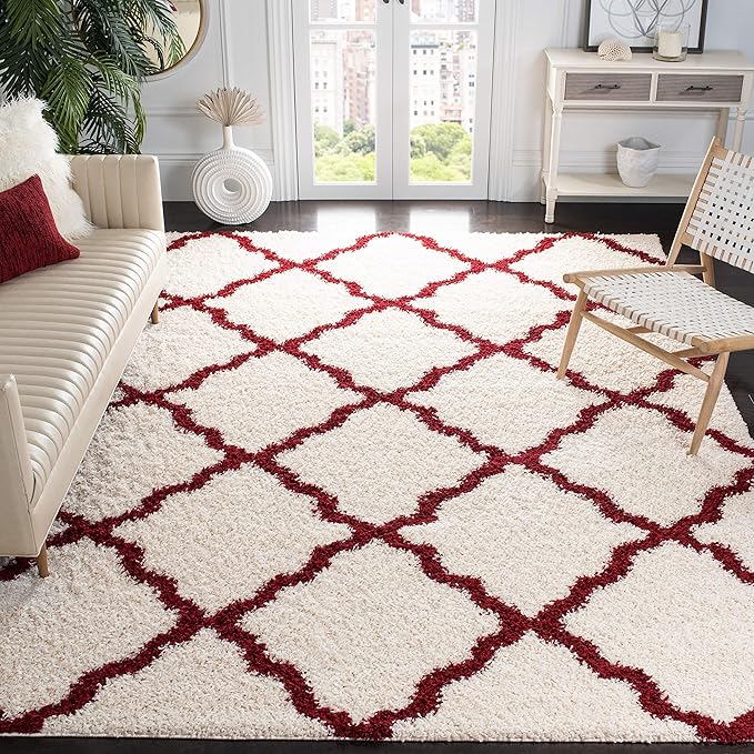 SAFAVIEH Dallas Shag Collection Area Rug - 8' Square, Ivory & Red, Trellis Design, Non-Shedding & Easy Care, 1.5-inch Thick Ideal for High Traffic Areas in Living Room, Bedroom (SGD257R)