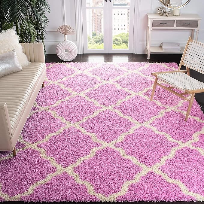 SAFAVIEH Dallas Shag Collection Area Rug - 6' Square, Pink & Ivory, Trellis Design, Non-Shedding & Easy Care, 1.5-inch Thick Ideal for High Traffic Areas in Living Room, Bedroom (SGD257I)
