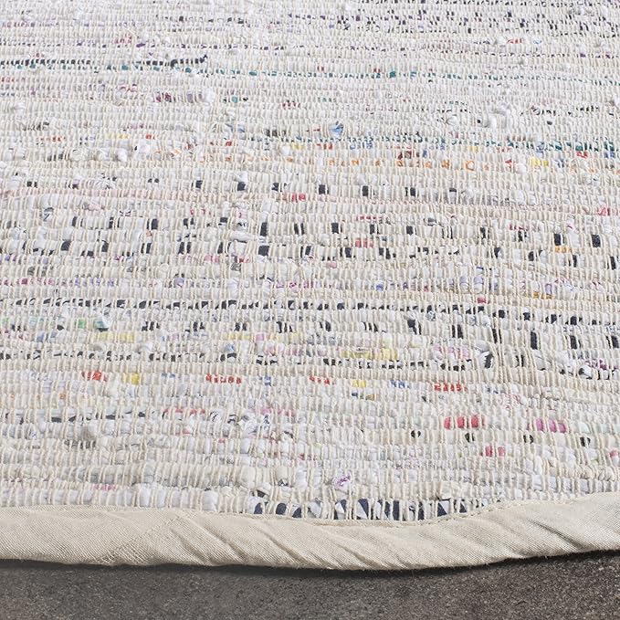 SAFAVIEH Rag Rug Collection Area Rug - 9' Round, Ivory & Multi, Handmade Boho Stripe Cotton, Ideal for High Traffic Areas in Living Room, Bedroom (RAR121G)