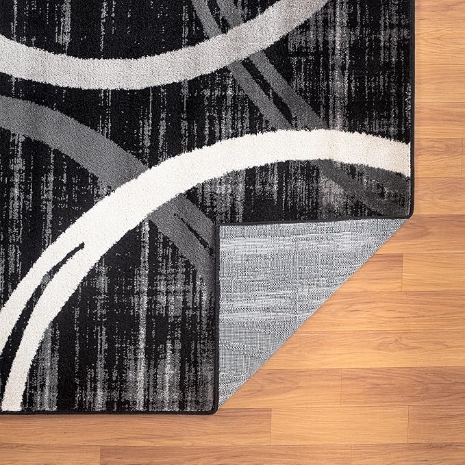 Rugshop Modern Wavy Circles Design Area Rug, Fade-Resistant Carpet for Living Room, Bedroom, or Dining Room, Black, 6'6" x 9'