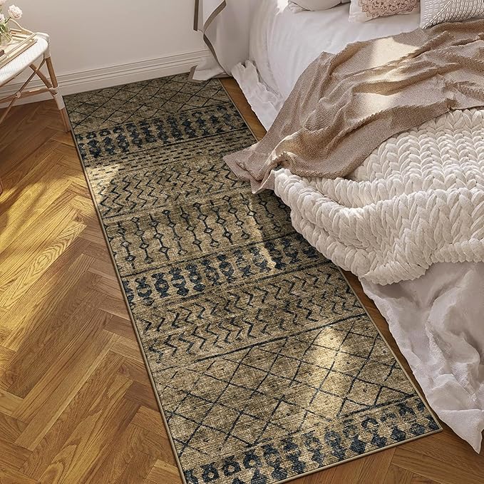2x6 Machine Washable Runner Rug, Kitchen Hallway Area Rug, Brown Black Vintage Moroccan Rug Ultra Non-Slip Low Pile Soft Faux Wool Carpet, Kids and Pets Friendly for Bedroom Entryway Bedside Decor Rug