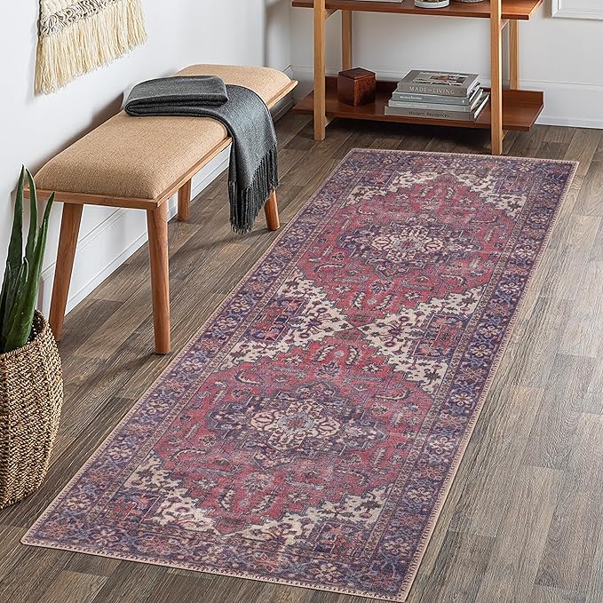 GLN Rugs Traditional Collection - Machine Washable Area Rug, Traditional Washable, Non Slip, Low Pile Chenille Rug, Living Room, Bedroom, Kitchen Rug (2'6" x 7' Multi Blue)