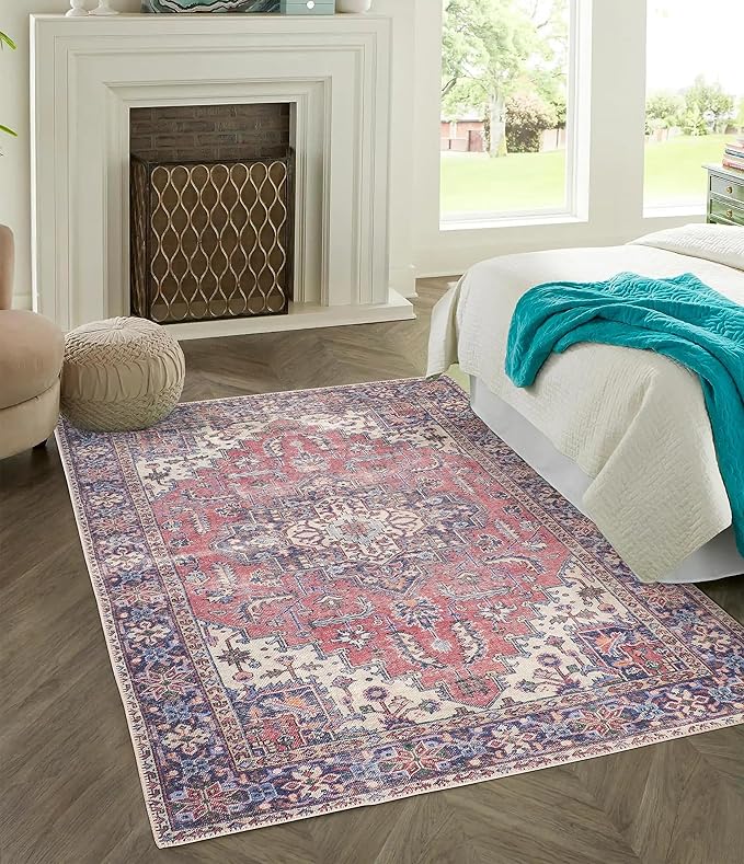 GLN Rugs Traditional Collection - Machine Washable Area Rug, Traditional Washable, Non Slip, Low Pile Chenille Rug, Living Room, Bedroom, Kitchen Rug (5' x 7' Multi Blue)