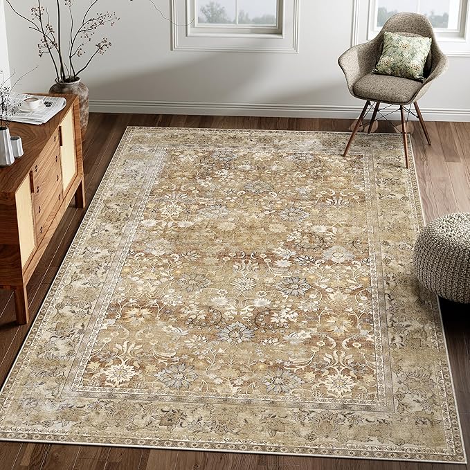 HUGEAR 4x6 Machine Washable Rugs Brown Beige Hallway Area Rug Indoor Accent Rug Floral Low Pile Carpet Soft Throw Rug Bedroom Living Room Office Dining Room Kitchen Laundry Room Non Slip