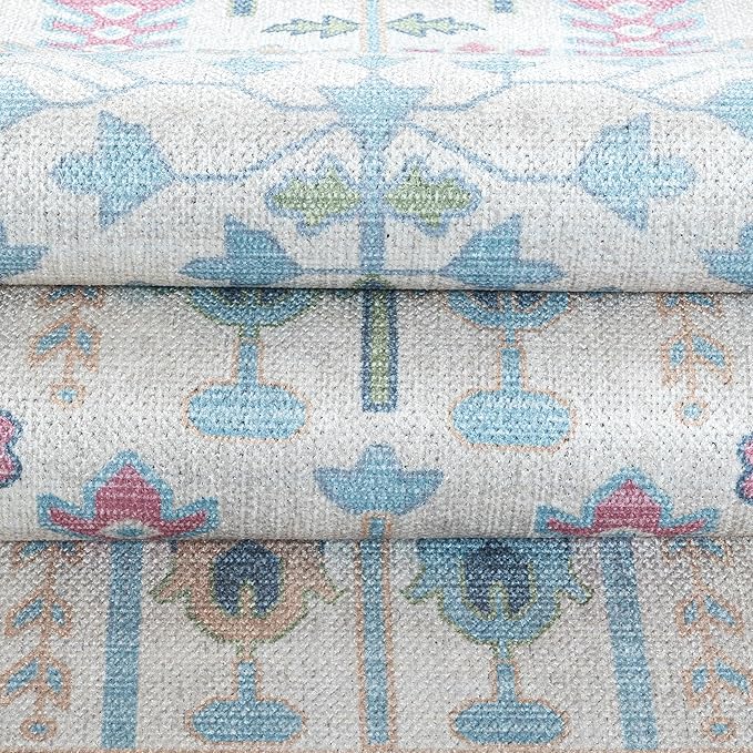 Fame Living Cream Blue Oushak Rug, Modern, Vintage, Turkish, Eclectic, Floral, Pastel, Washable, Large Area Rugs for Living Room, Dining, Bedroom, Girls, Boys, 7'5"x9'8"