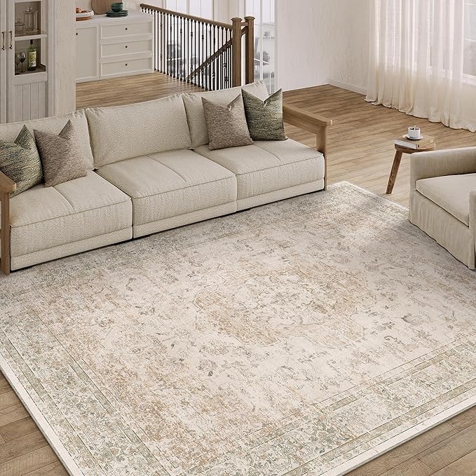 6x9 Washable Area Rug Beige Vintage Distressed Large Rug for Living Room Oriental Soft Thin Indoor Retro Carpet Non Slip Low Pile Floor Cover for Bedroom Dining Room Office Nursery