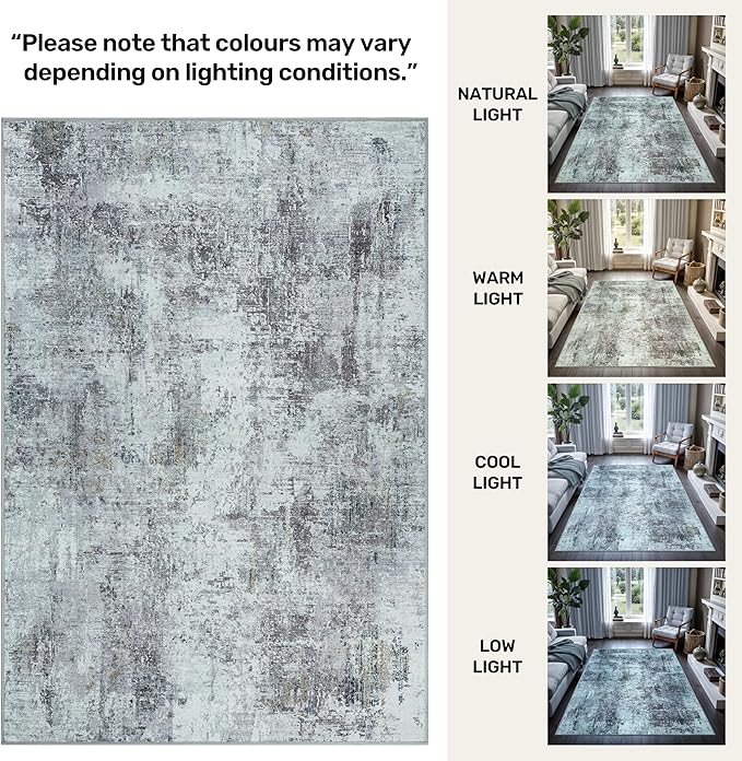 GLN Rugs Contemporary Collection - Machine Washable Area Rug, Contemporary Washable, Non Slip, Low Pile Chenille Rug, Living Room, Bedroom, Kitchen Rug (2'6" x 7' Grey/Green)
