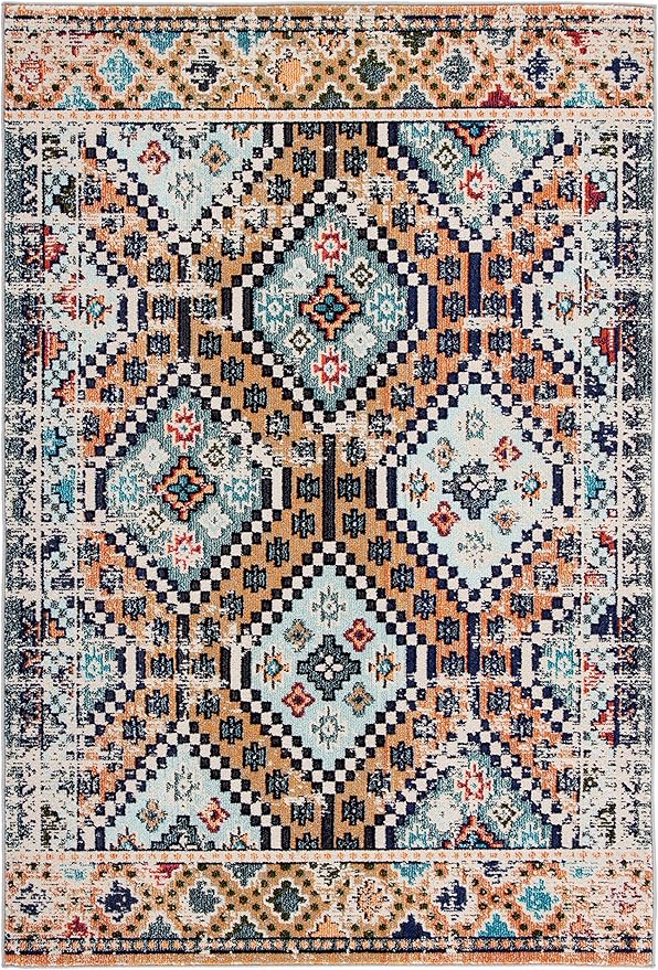 SAFAVIEH Madison Collection Area Rug - 5'3" x 7'6", Orange & Beige, Boho Diamond Distressed Design, Non-Shedding & Easy Care, Ideal for High Traffic Areas in Living Room, Bedroom (MAD418P)