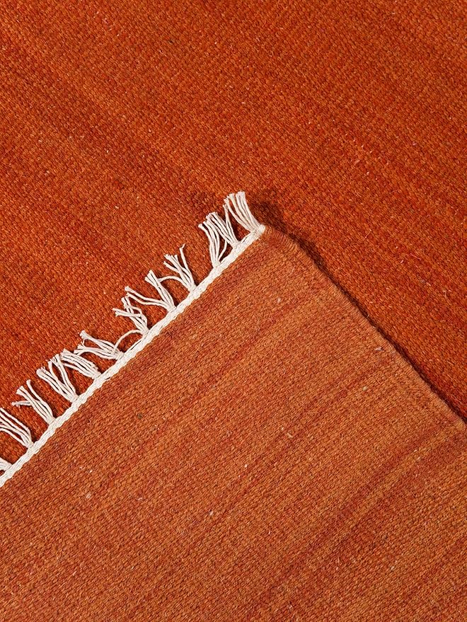HAND WOVEN FLAT WEAVE KILIM WOOL ECO-FRIENDLY AREA RUGS - 6'x9', Rectangle Shape, Dark Orange Color, Plain Solid Design, Low Pile Handmade Area Rugs for Living Room, Bed Room (D00111)